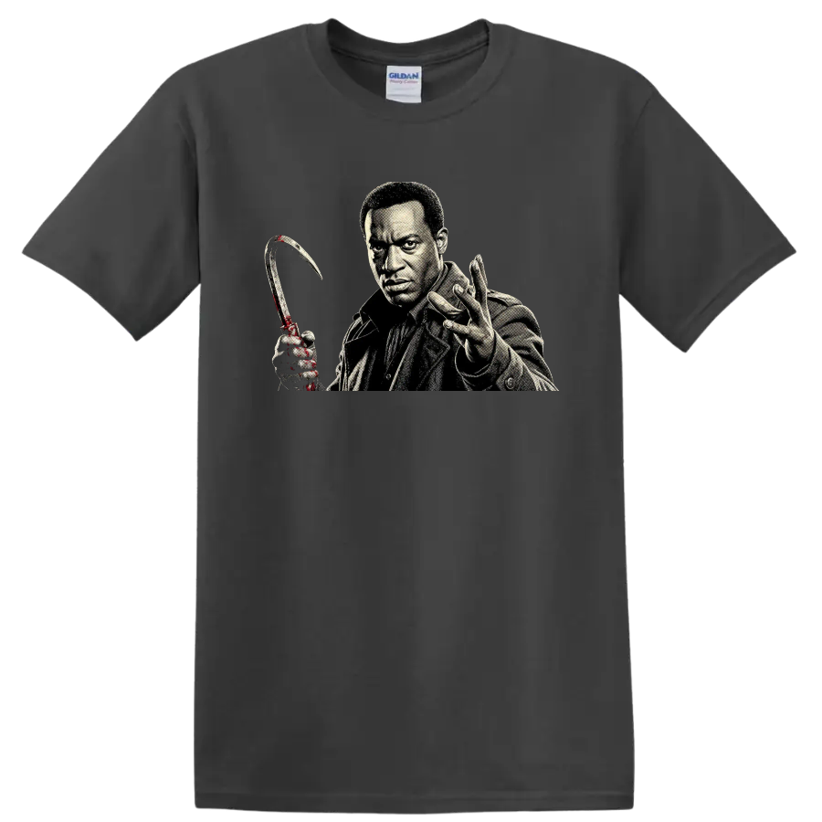 Candyman horror character portrait with curved hook graphic on a Charcoal T Shirt