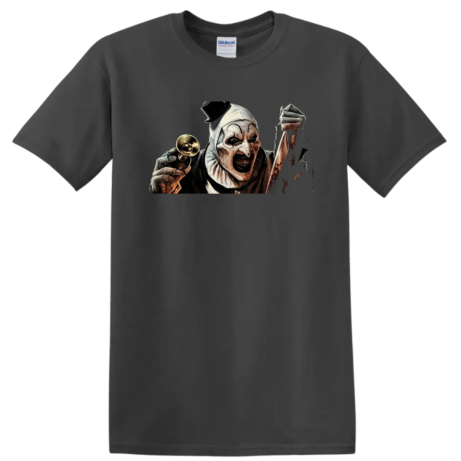 Art the Clown Terrifier horror illustration with bell and bloody knife on a Charcoal T Shirt