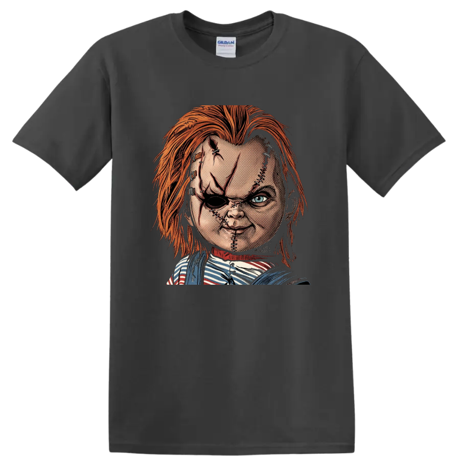 Chucky Child's Play 2 stitched killer doll vintage comic-style portrait on a Charcoal T Shirt