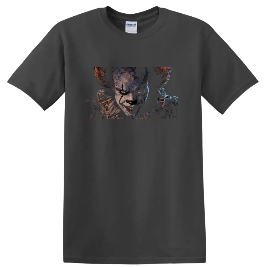 Pennywise from It sinister clown portrait graphic print on a Charcoal T Shirt