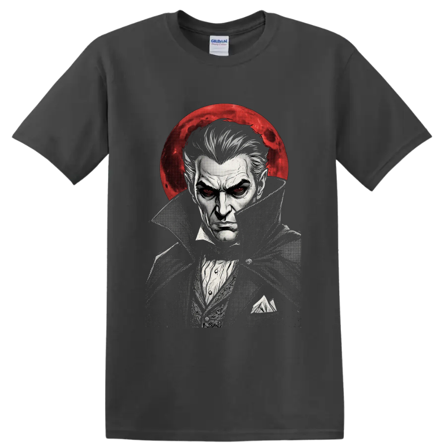 Dracula gothic vampire portrait with red moon in vintage ink style on a Charcoal T Shirt