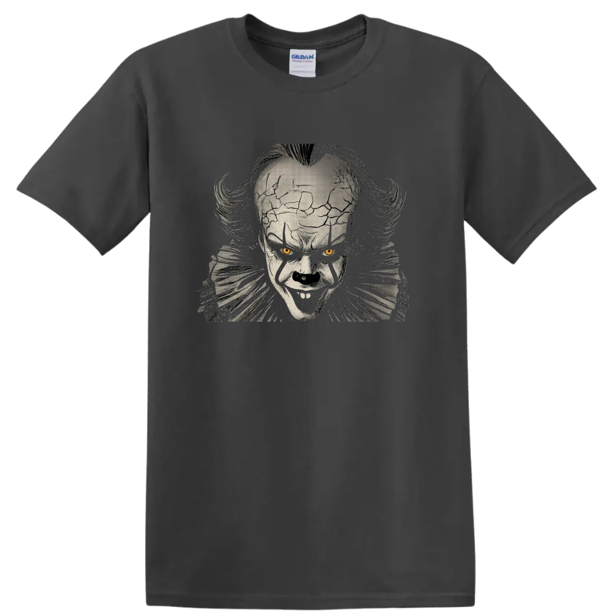 Pennywise from It creepy clown halftone portrait with yellow eyes on a Charcoal T Shirt