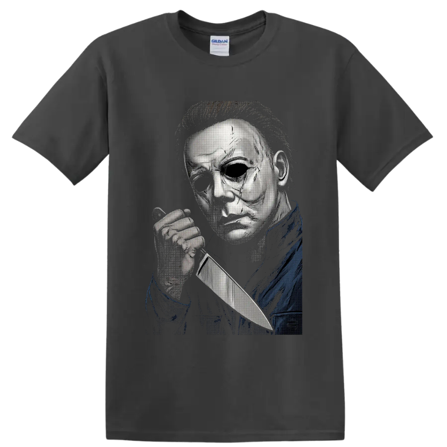 Michael Myers masked knife slasher portrait in halftone horror art on a Charcoal T Shirt