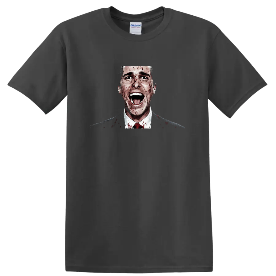Patrick Bateman American Psycho blood-splatter halftone horror portrait on a Charcoal T Shirt