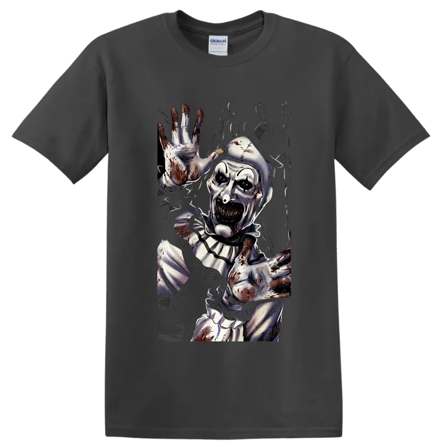 Art the Clown from Terrifier in a gritty bloody horror graphic on a Charcoal T Shirt
