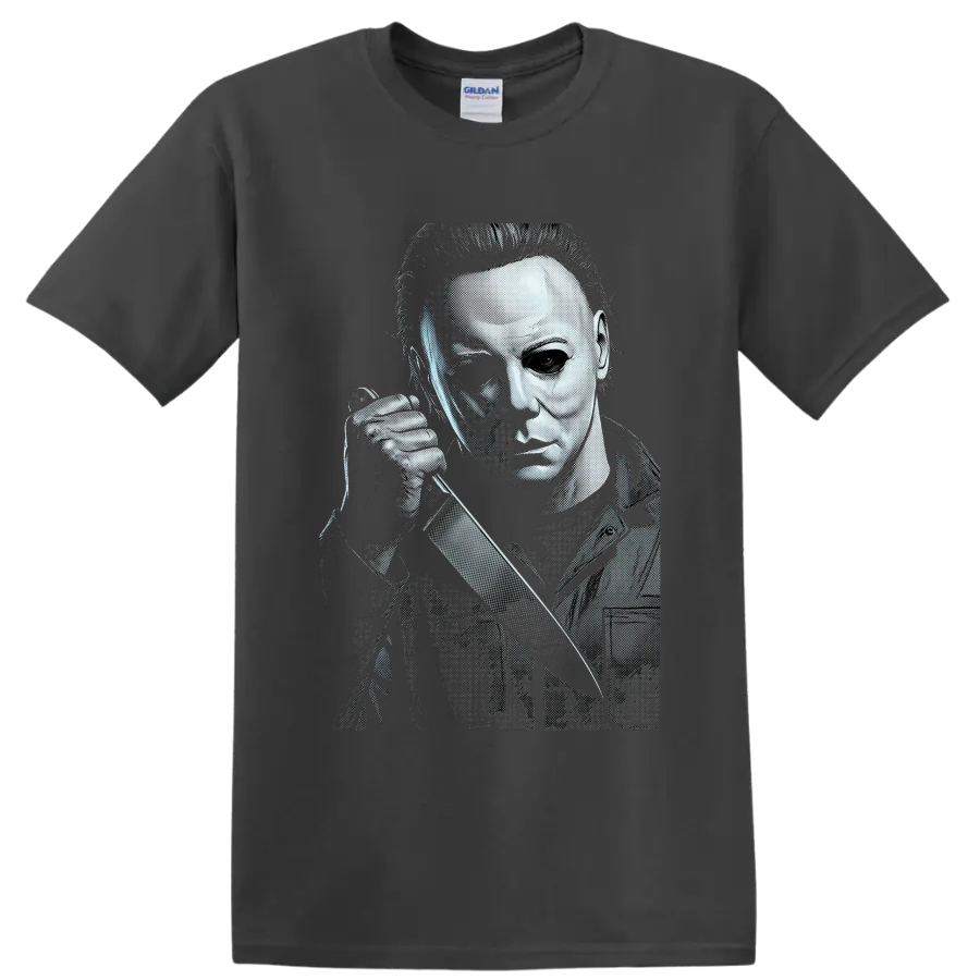 Michael Myers Halloween halftone slasher portrait with knife on a Charcoal T Shirt