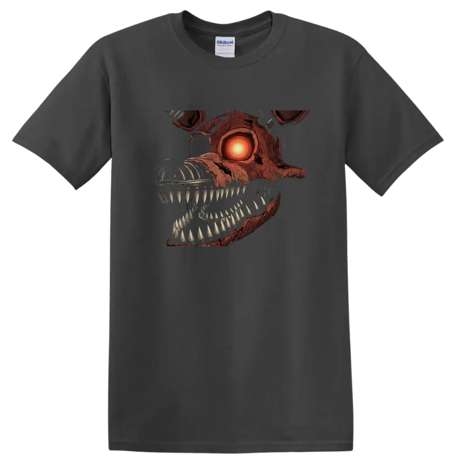 Nightmare Foxy horror animatronic graphic with glowing eye and sharp teeth on a Charcoal T Shirt