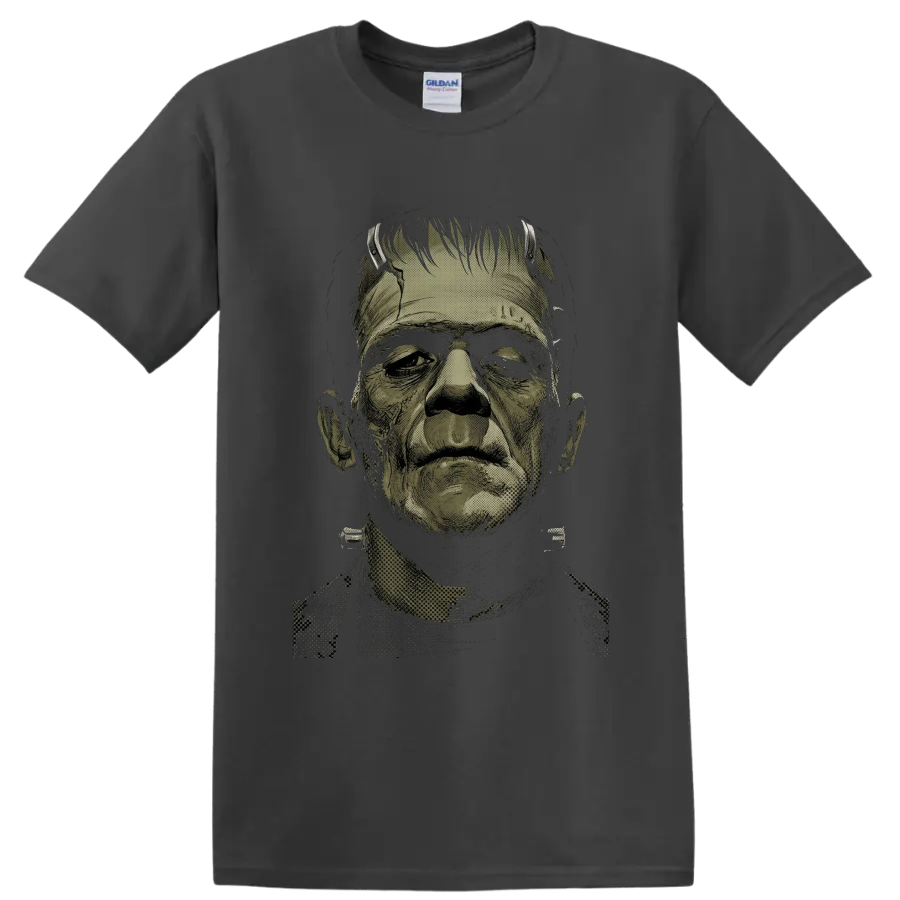 Frankenstein's Monster vintage horror portrait graphic on a Charcoal T Shirt