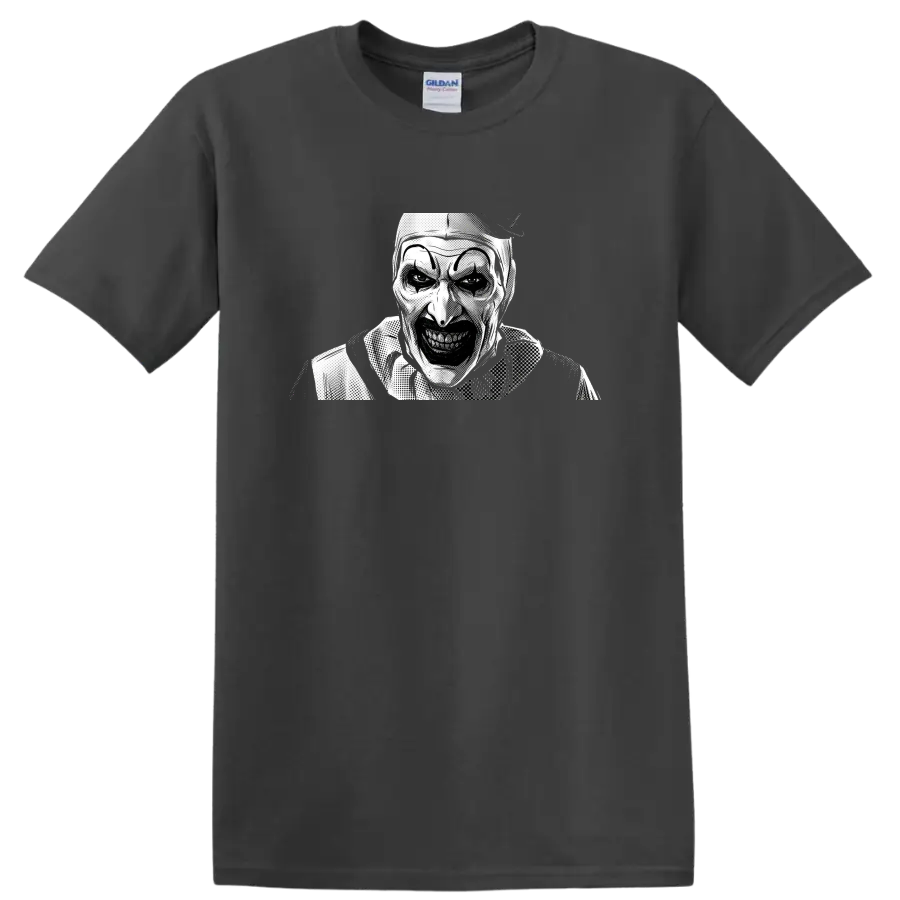 Art the Clown from Terrifier in black and white halftone horror art on a Charcoal T Shirt