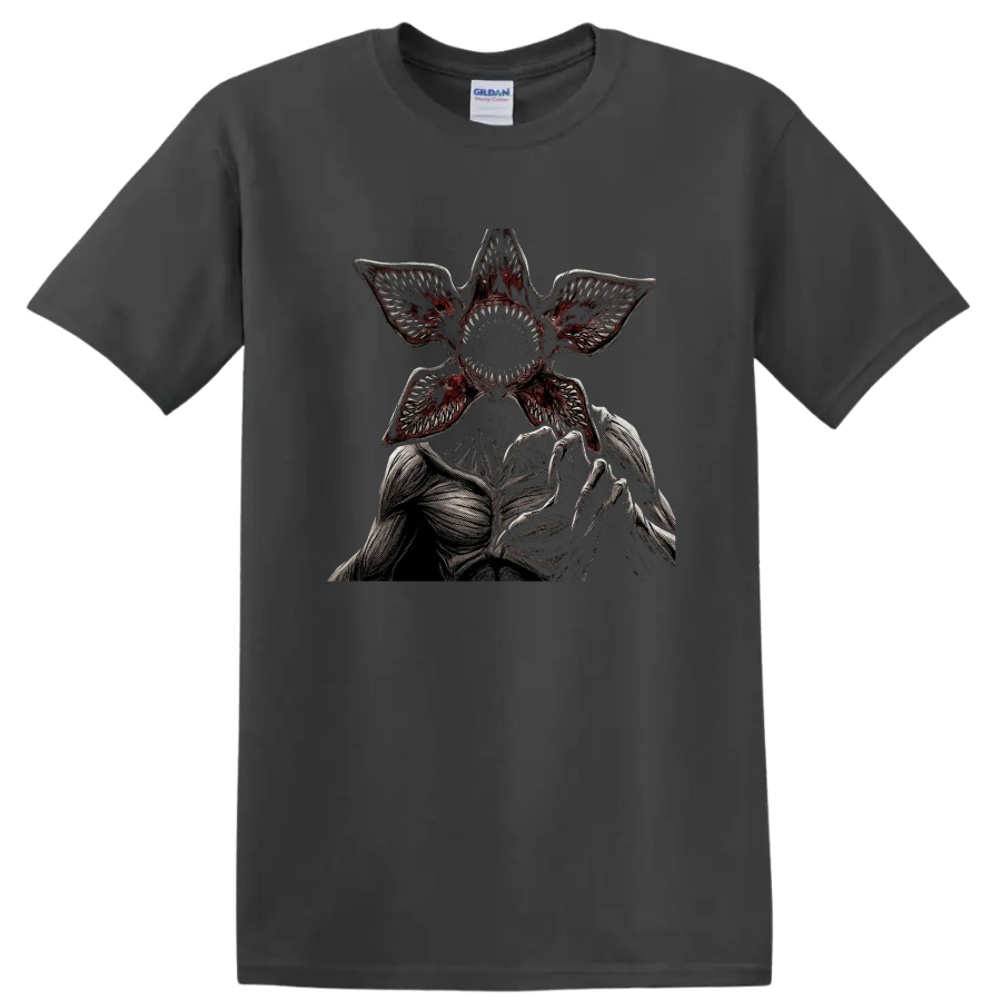 Demogorgon gothic horror graphic with flower-like mouth and reaching claws on a Charcoal T Shirt