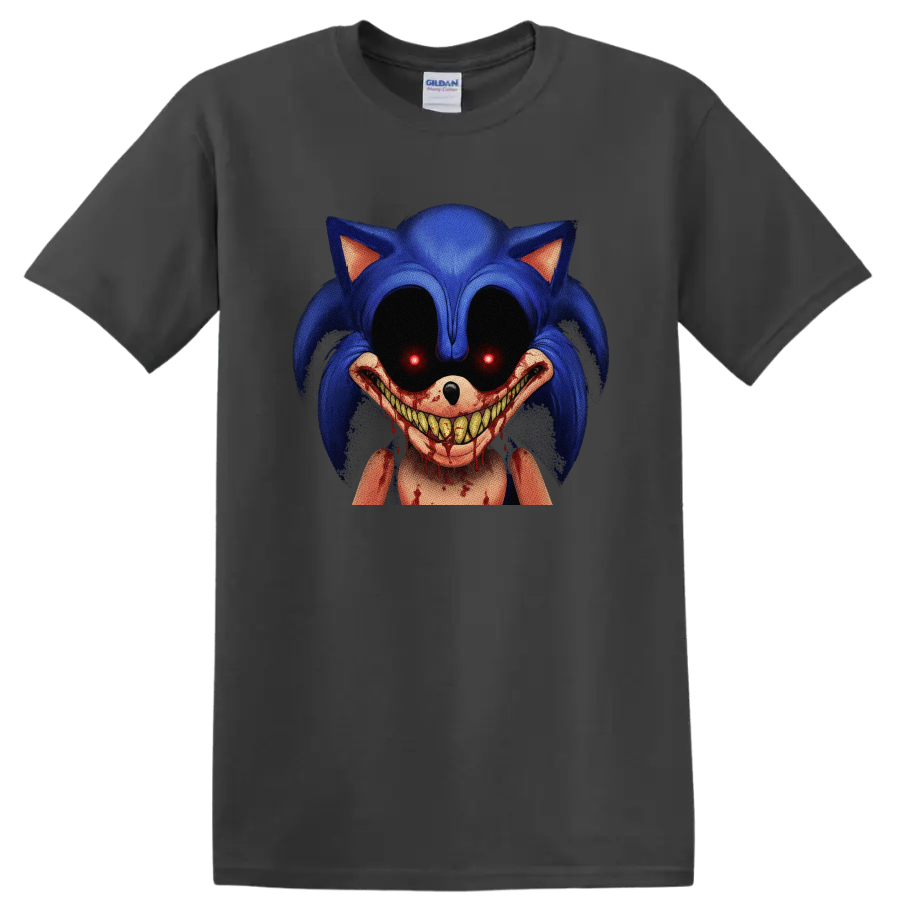 Sonic.EXE horror character with glowing red eyes and bloody toothy grin on a Charcoal T Shirt