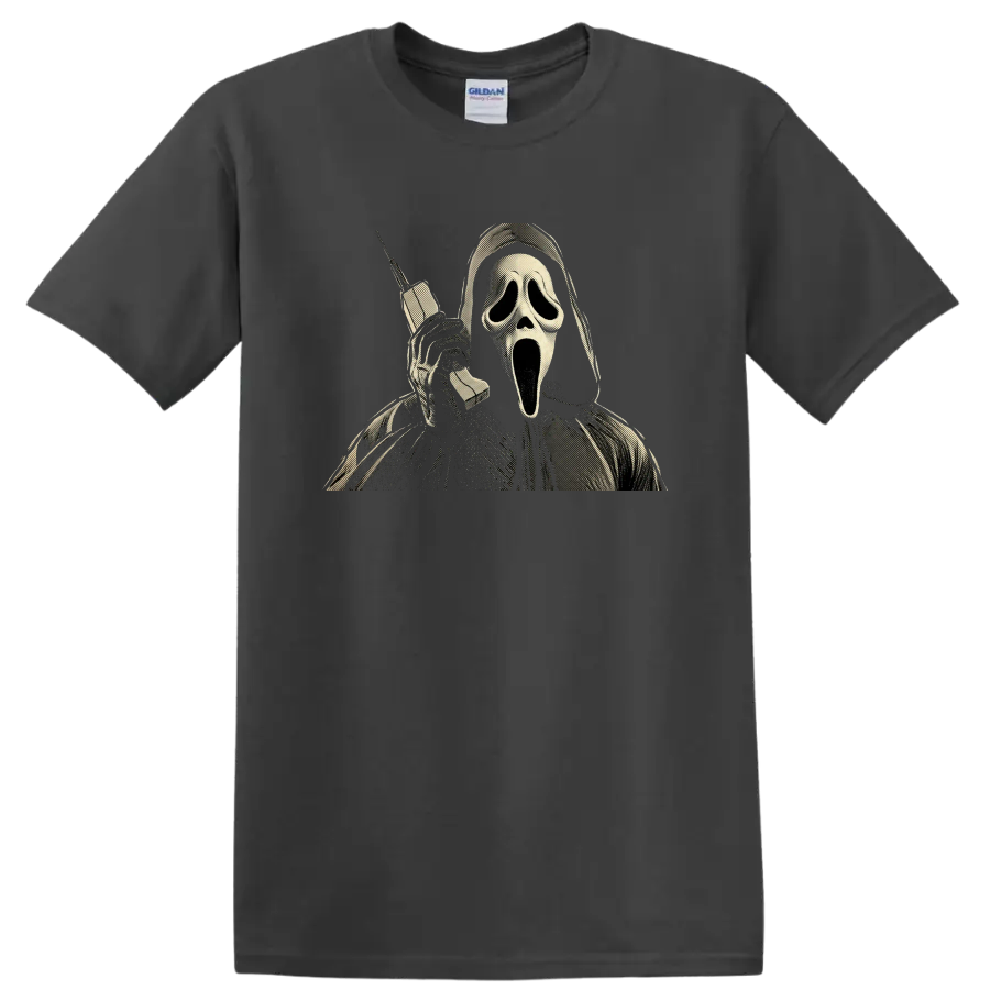Vintage Ghostface Scream horror graphic holding a telephone on a Charcoal T Shirt