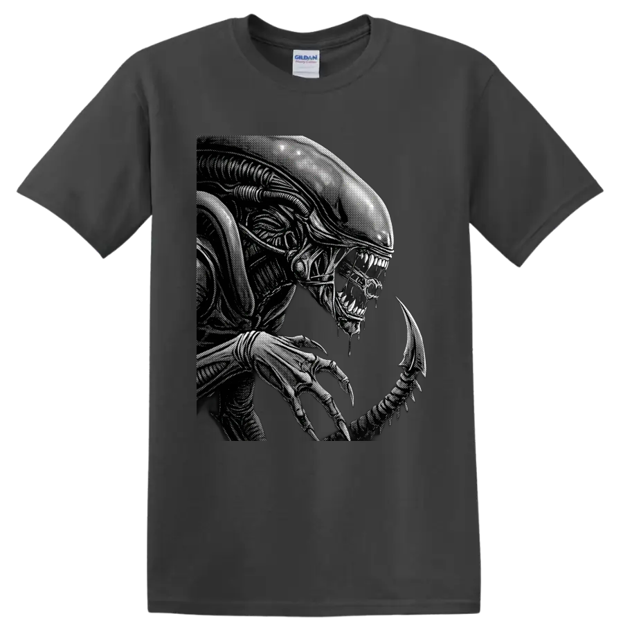Monochrome Xenomorph Alien biomechanical horror creature graphic on a Charcoal T Shirt