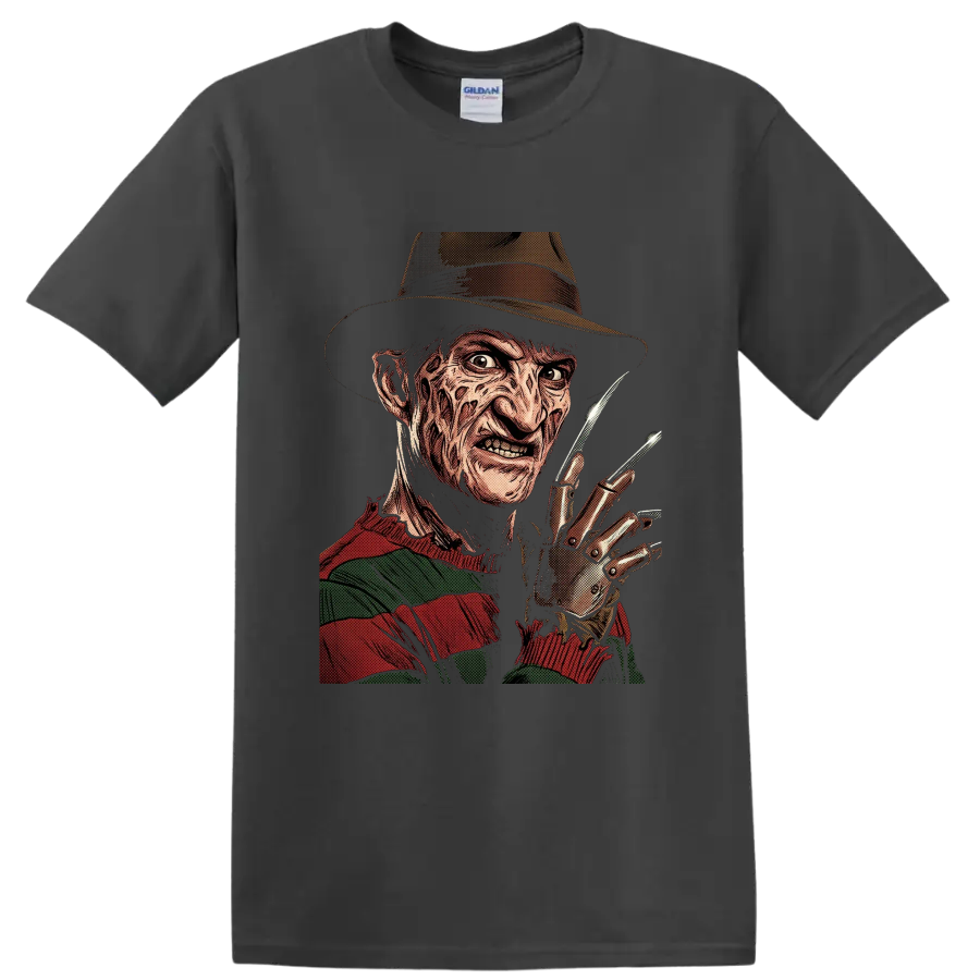 Freddy Krueger vintage comic horror portrait with bladed glove on a Charcoal T Shirt