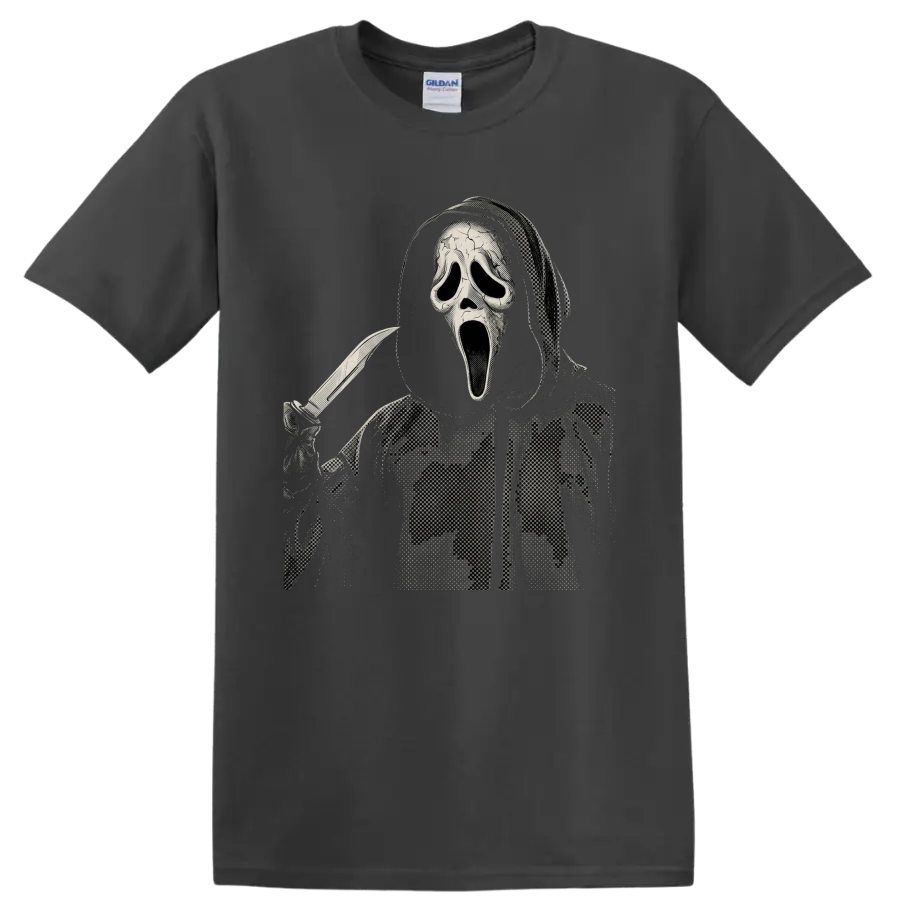 Ghostface holding a knife in a distressed halftone horror graphic on a Charcoal T Shirt