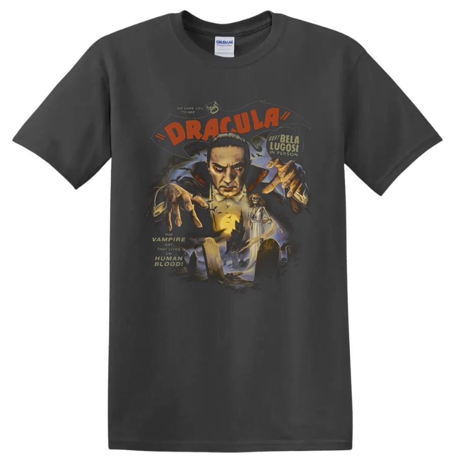 Bela Lugosi as Count Dracula vintage gothic graveyard horror graphic on a Charcoal T Shirt
