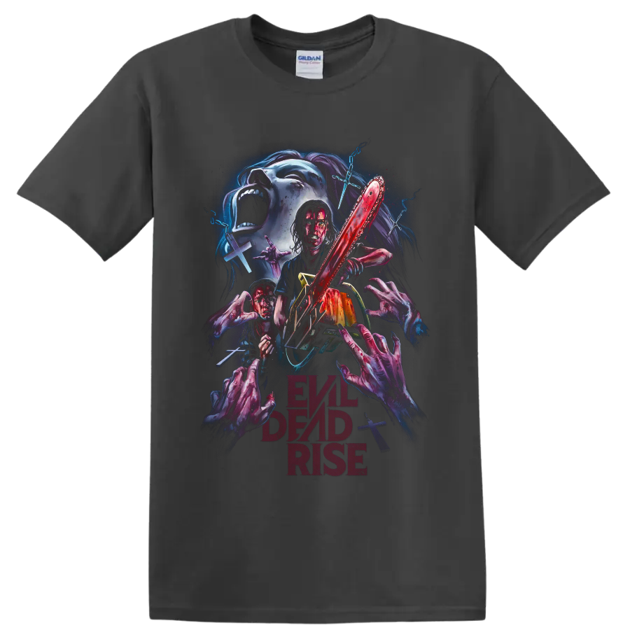 Evil Dead Rise horror chainsaw graphic with undead hands and demon imagery on a Charcoal T Shirt