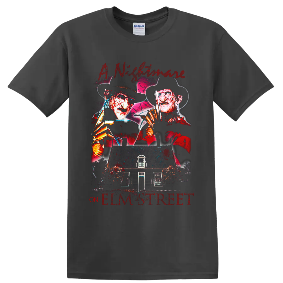 Freddy Krueger A Nightmare on Elm Street horror graphic with haunted house on a Charcoal T Shirt