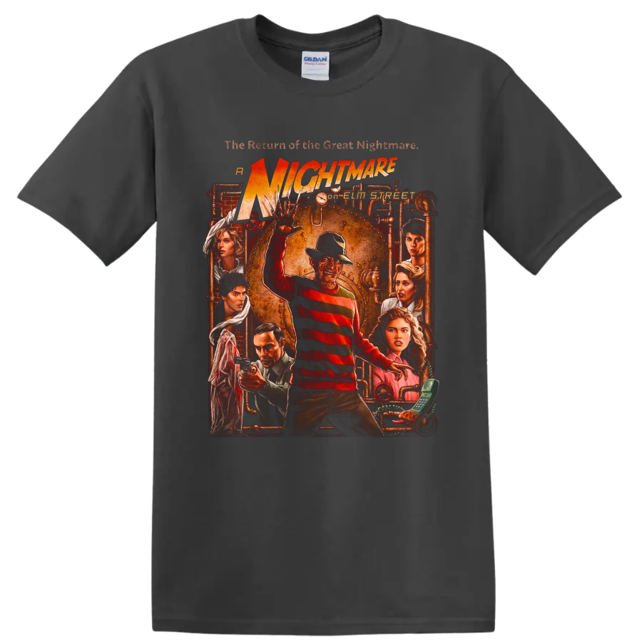 Freddy Krueger vintage horror poster graphic with A Nightmare on Elm Street text on a Charcoal T Shirt