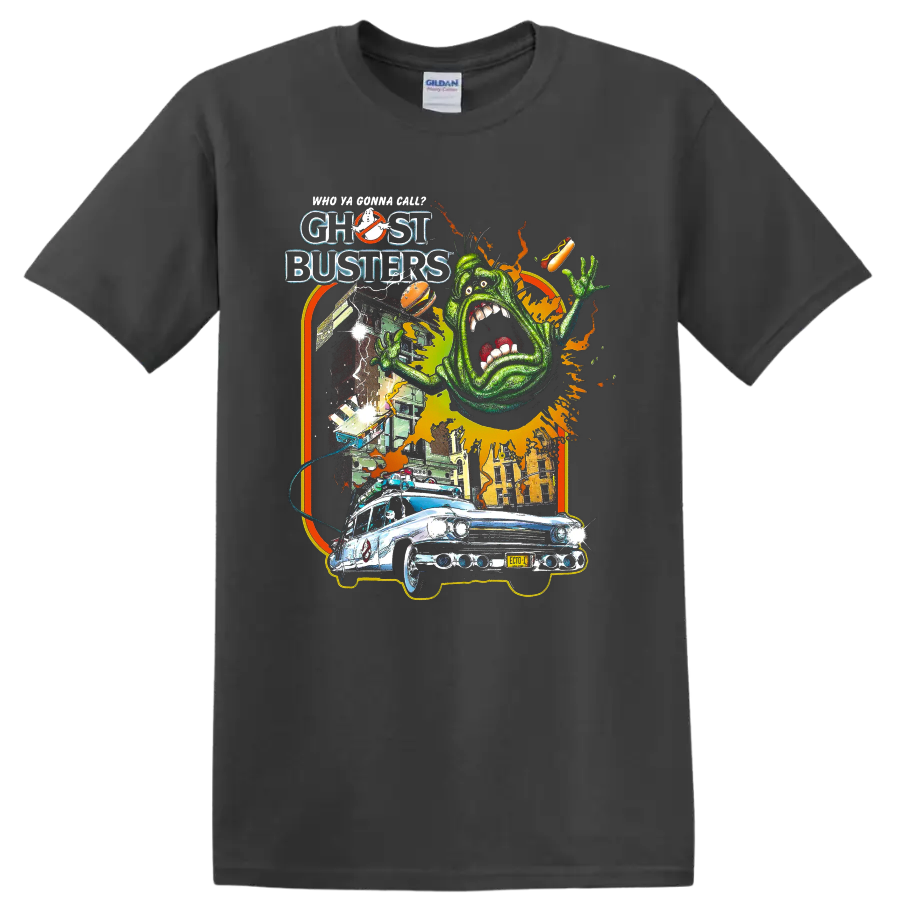 Slimer and Ecto-1 Ghostbusters retro horror graphic on a Charcoal T Shirt