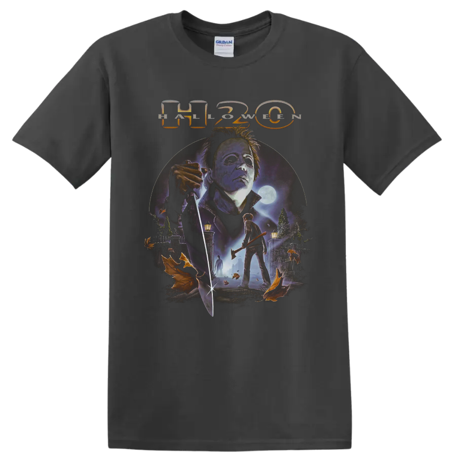 Michael Myers H20 moonlit slasher horror graphic with knife on a Charcoal T Shirt
