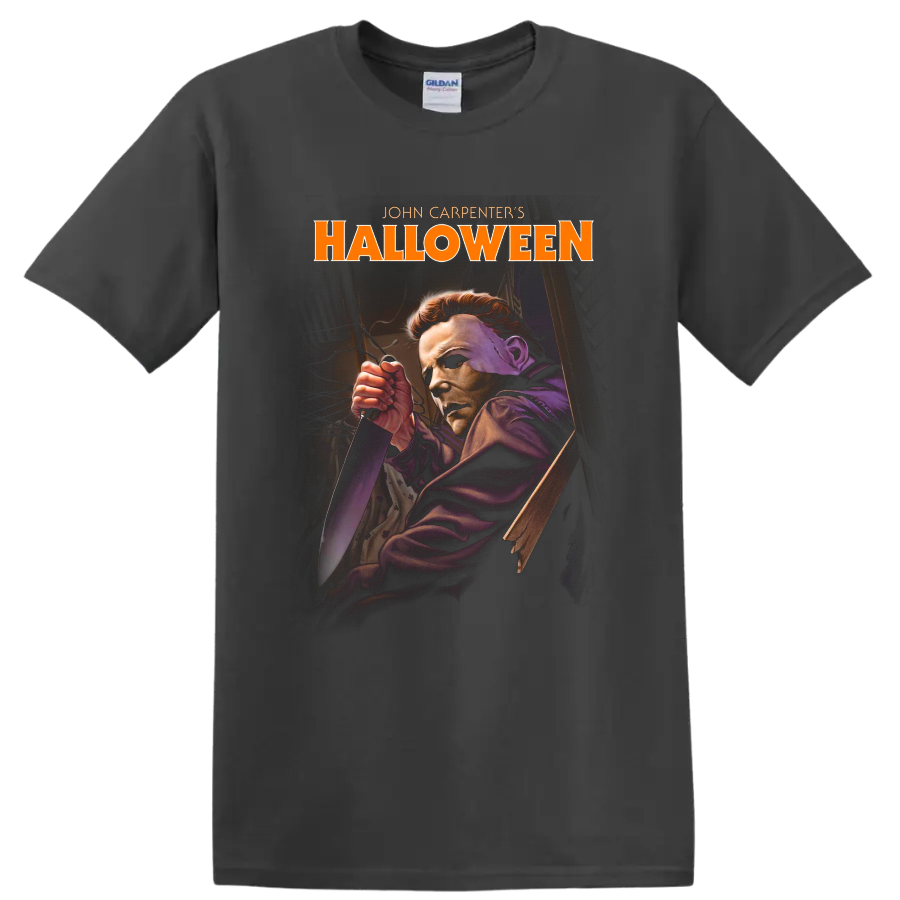 Michael Myers masked with knife, John Carpenter's Halloween graphic on a Charcoal T Shirt
