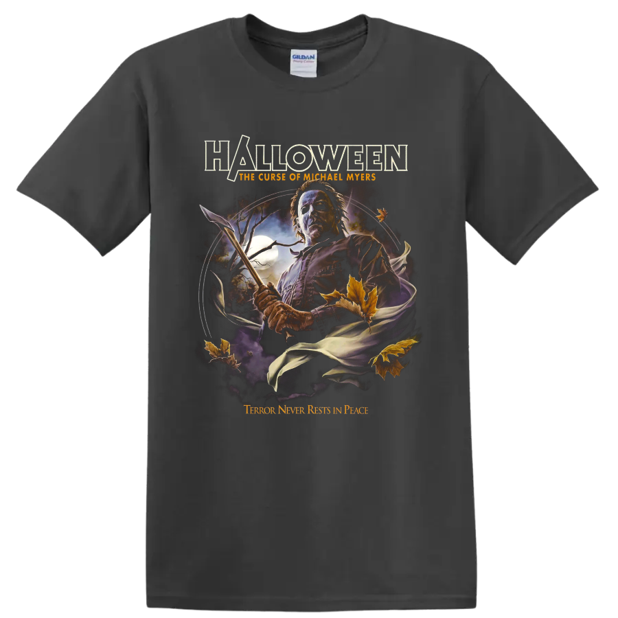 Michael Myers moonlit horror graphic with Halloween: The Curse of Michael Myers text on a Charcoal T Shirt