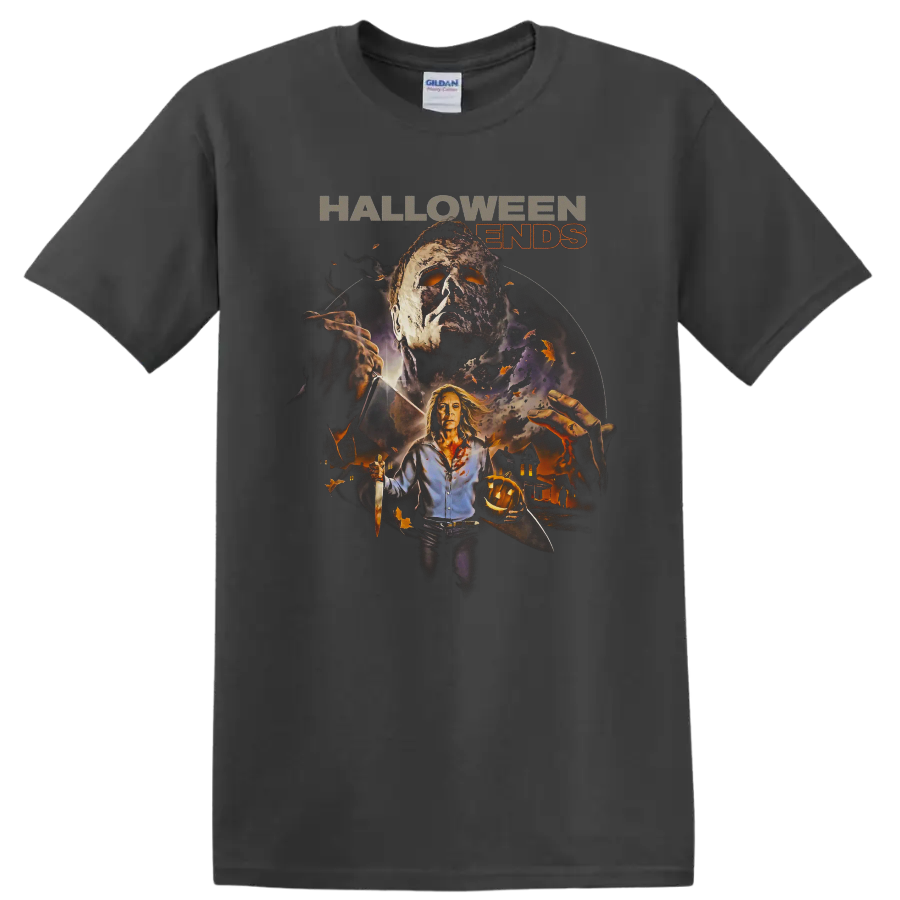 Halloween Ends Laurie Strode and Michael Myers horror graphic print on a Charcoal T Shirt