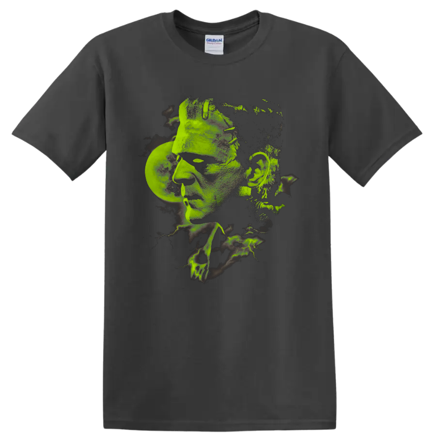 Boris Karloff as Frankenstein's Monster in distressed green gothic artwork on a Charcoal T Shirt
