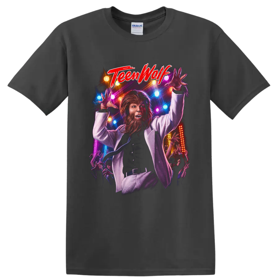 Michael J. Fox as the Teen Wolf werewolf in a colorful dance scene on a Charcoal T Shirt