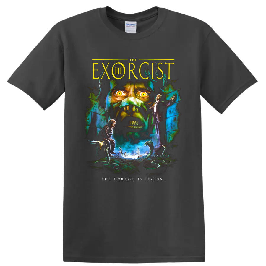 The Exorcist III gothic horror poster art with a glowing-eyed demon face on a Charcoal T Shirt