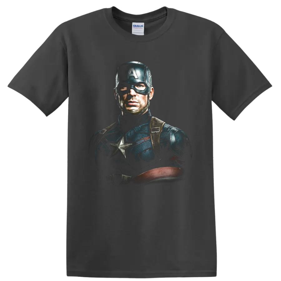 Captain America Chris Evans cinematic superhero portrait with shield on a Charcoal T Shirt