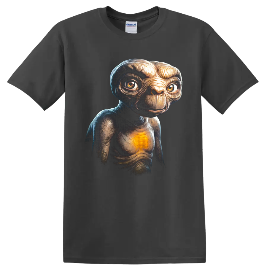 E.T. glowing heart alien portrait graphic print on a Charcoal T Shirt