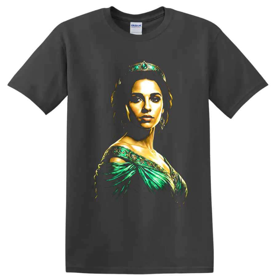 Princess Jasmine portrait from Aladdin in emerald and gold fantasy art on a Charcoal T Shirt