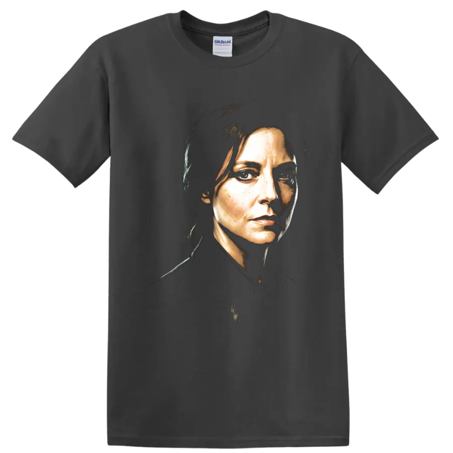 Carol portrait from Pluribus in dramatic painterly character art on a Charcoal T Shirt