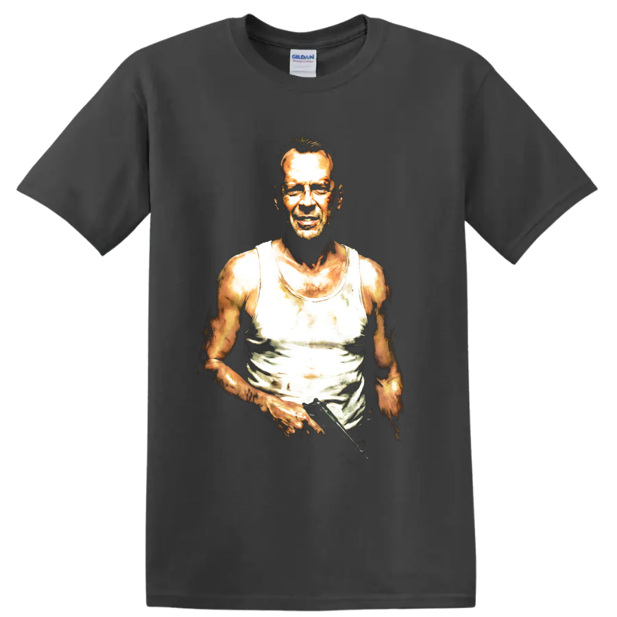 John McClane from Die Hard in a gritty high-contrast portrait on a Charcoal T Shirt
