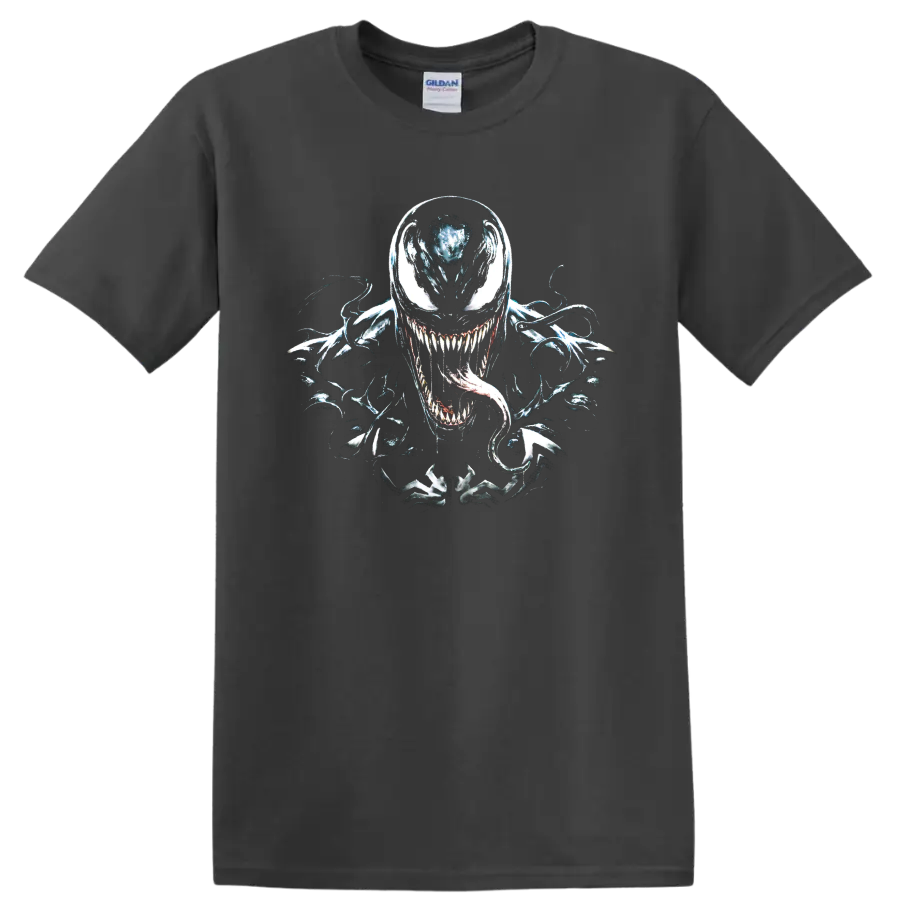 Venom symbiote monster graphic with sharp teeth and curling tongue on a Charcoal T Shirt