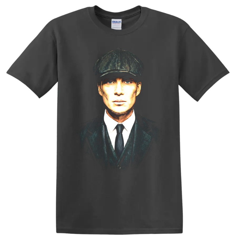Thomas Shelby portrait in flat cap and suit, vintage graphic print on a Charcoal T Shirt