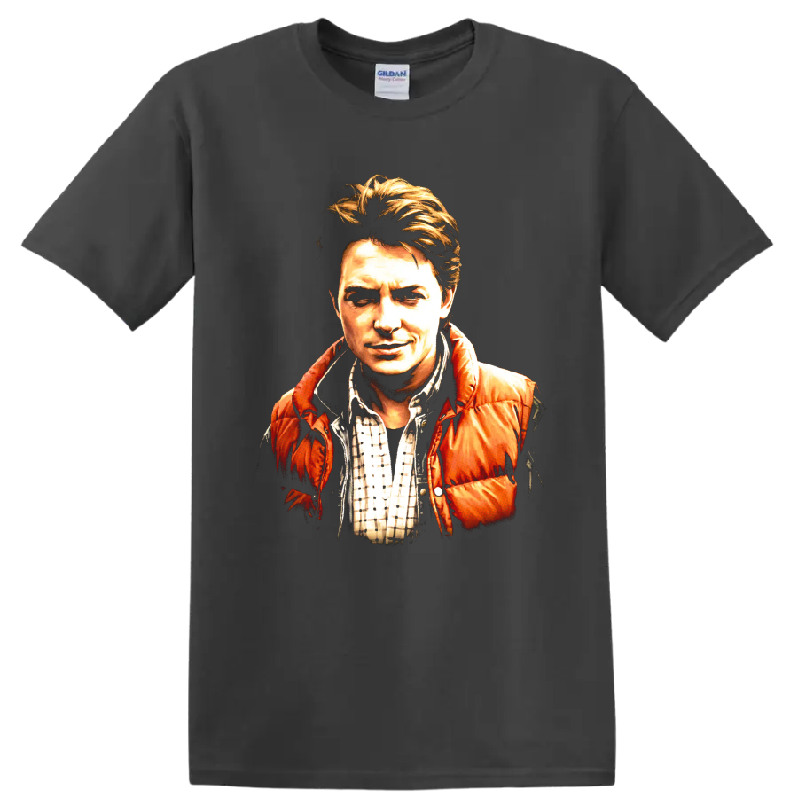 Marty McFly Back to the Future vintage painted portrait graphic on a Charcoal T Shirt