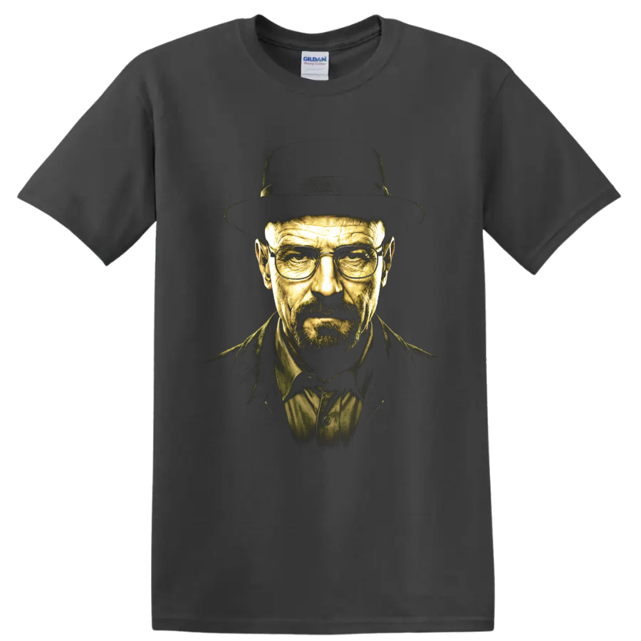 Walter White Breaking Bad portrait graphic with hat and glasses on a Charcoal T Shirt