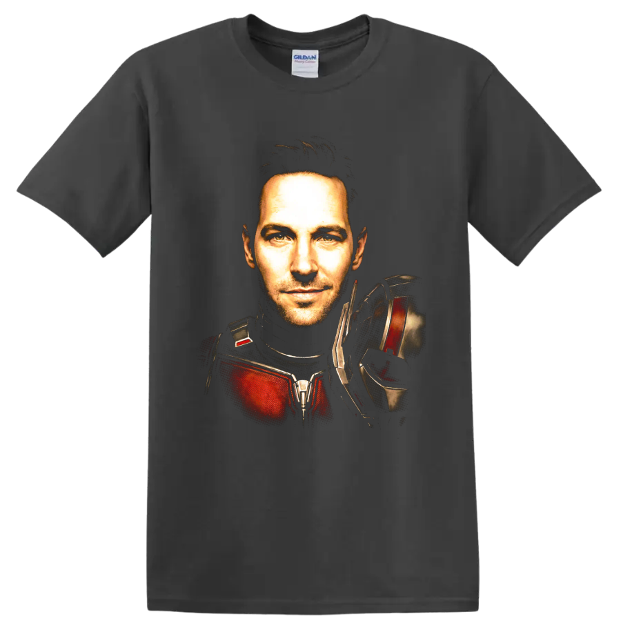 Scott Lang Ant-Man portrait in red and black armored suit on a Charcoal T Shirt