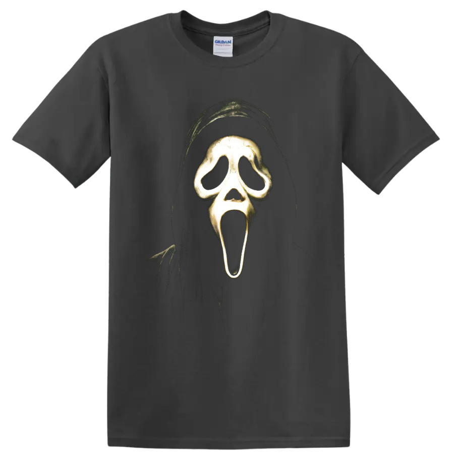 Ghostface hooded screaming mask horror graphic from Scream on a Charcoal T Shirt