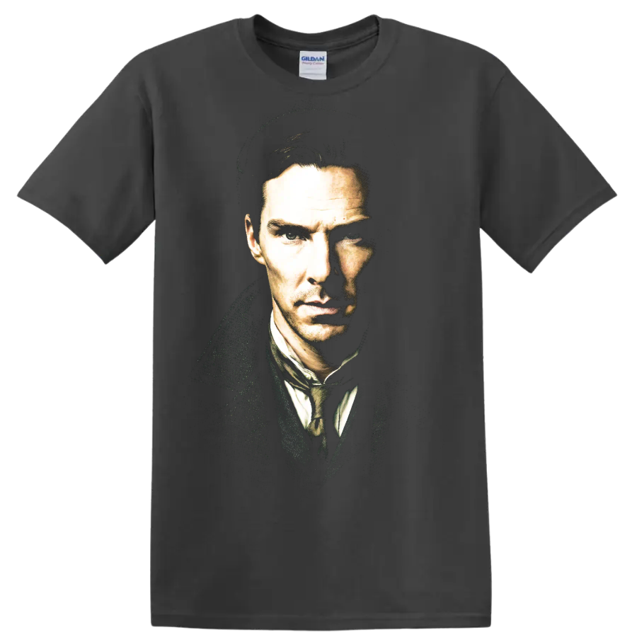 Benedict Cumberbatch as Sherlock in a dramatic high-contrast portrait on a Charcoal T Shirt
