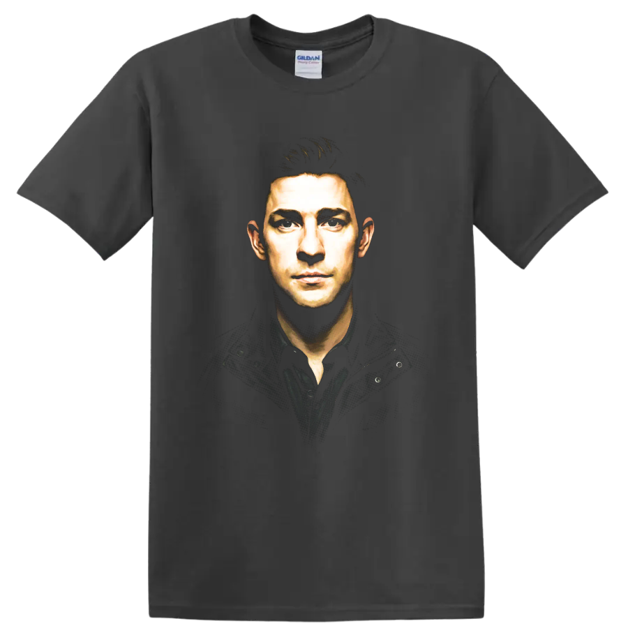 Jim Halpert portrait in a dramatic painterly graphic style on a Charcoal T Shirt