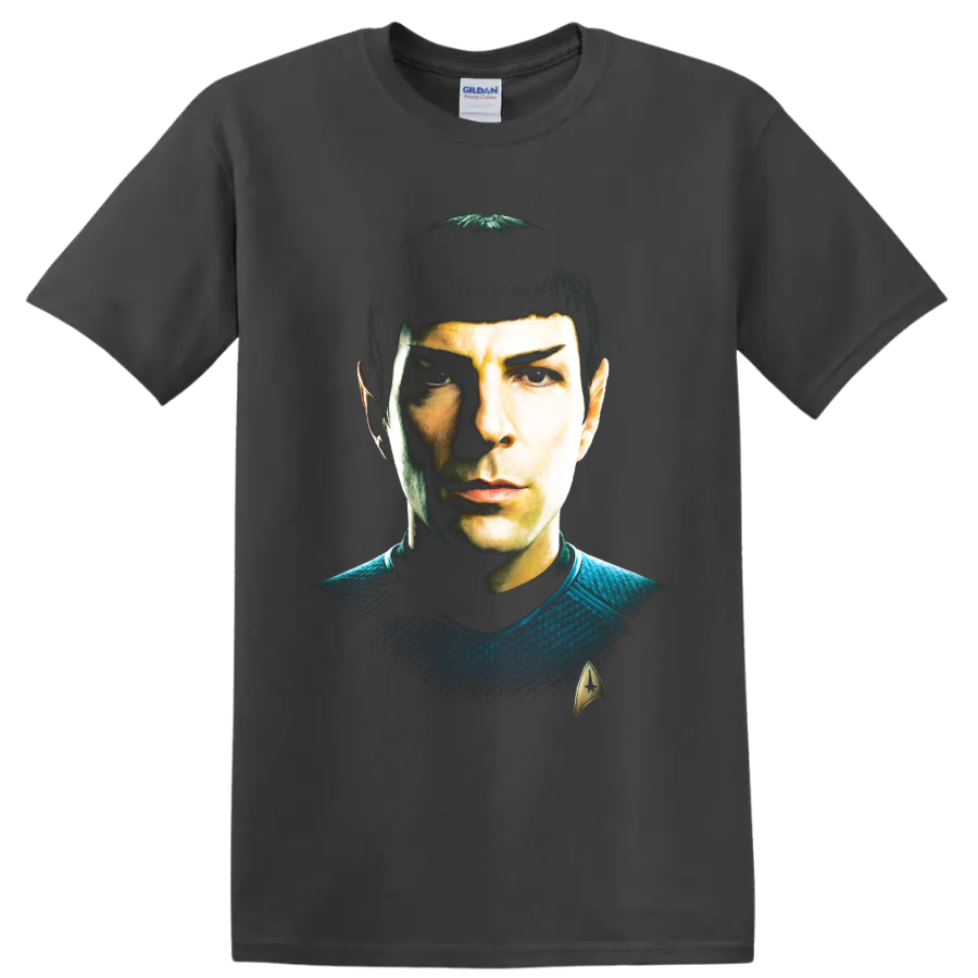 Spock Star Trek portrait graphic with pointed ears and Starfleet insignia on a Charcoal T Shirt
