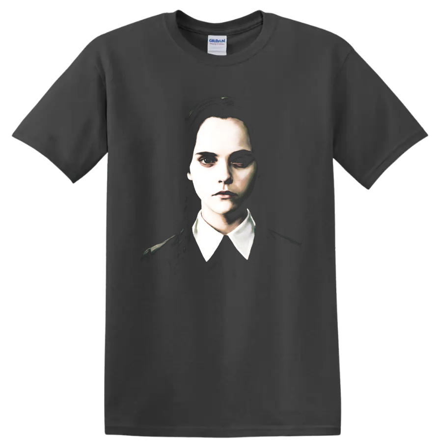 Wednesday Addams gothic portrait with white collar on a Charcoal T Shirt
