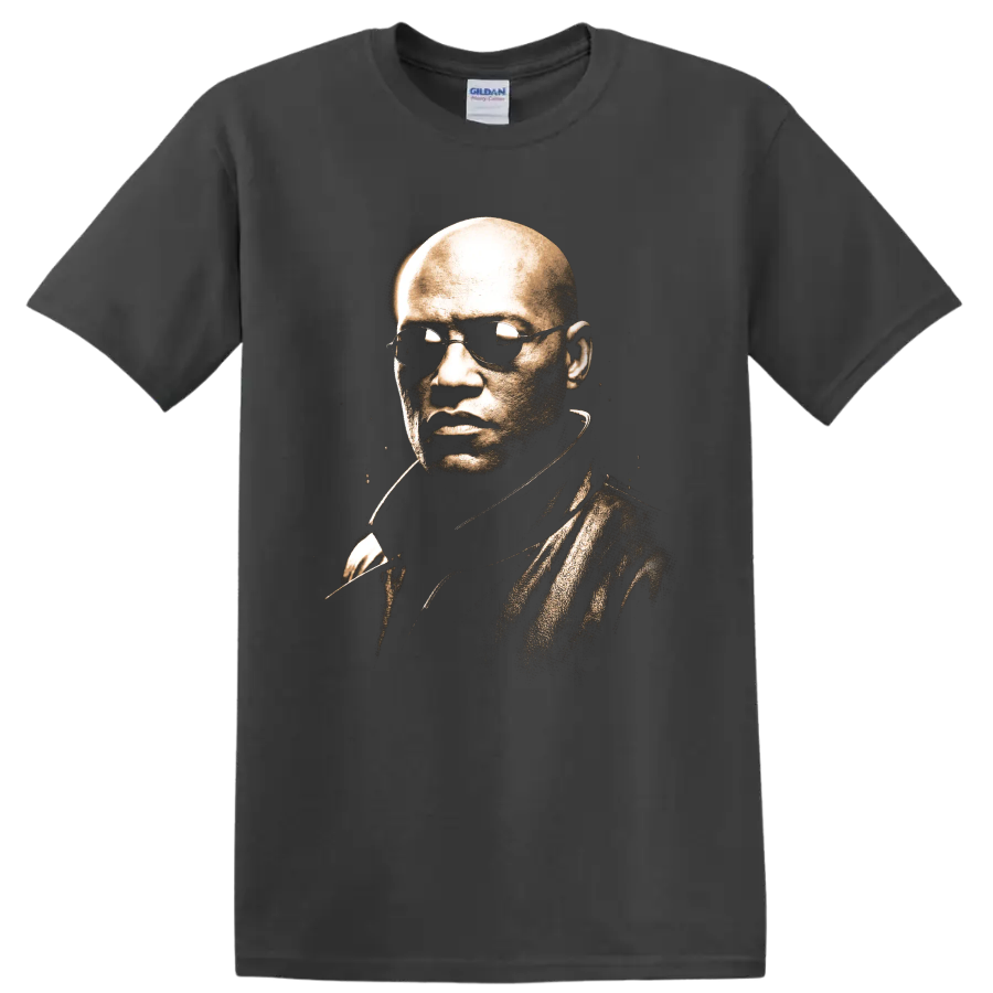 Morpheus from The Matrix sepia portrait with sunglasses on a Charcoal T Shirt