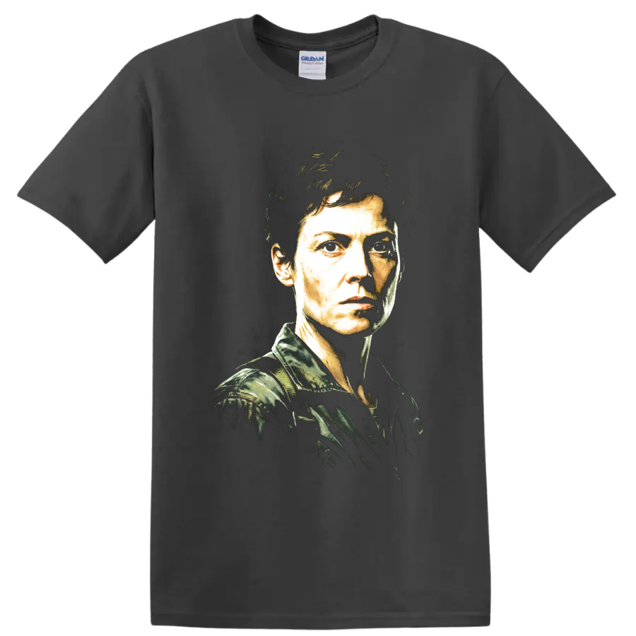 Ellen Ripley Alien portrait in a gritty high-contrast graphic style on a Charcoal T Shirt