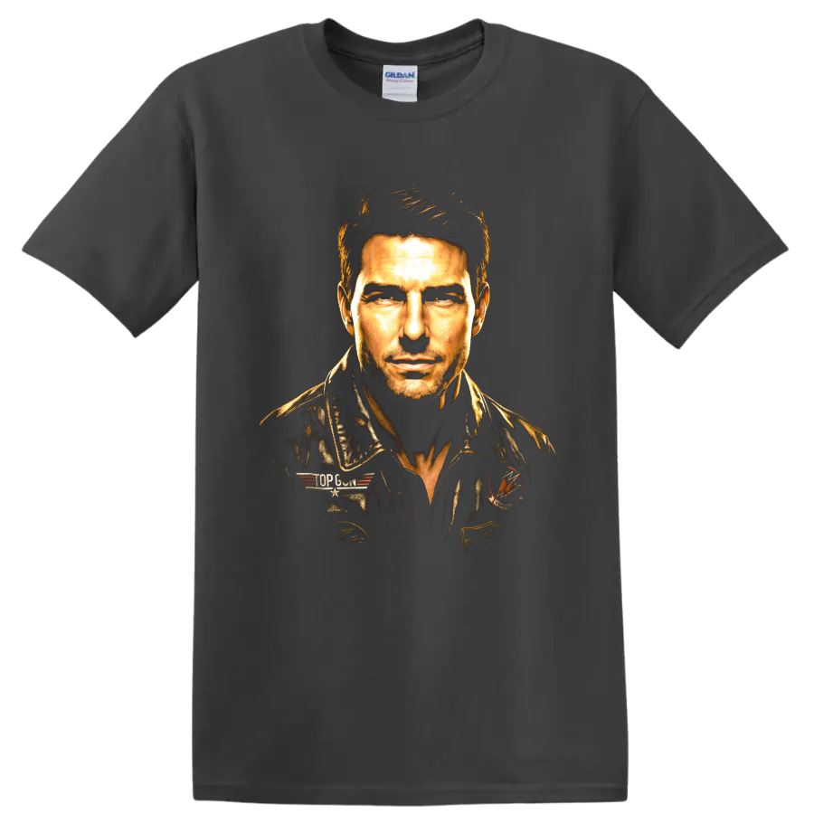 Pete Maverick Mitchell Top Gun pilot portrait graphic print on a Charcoal T Shirt
