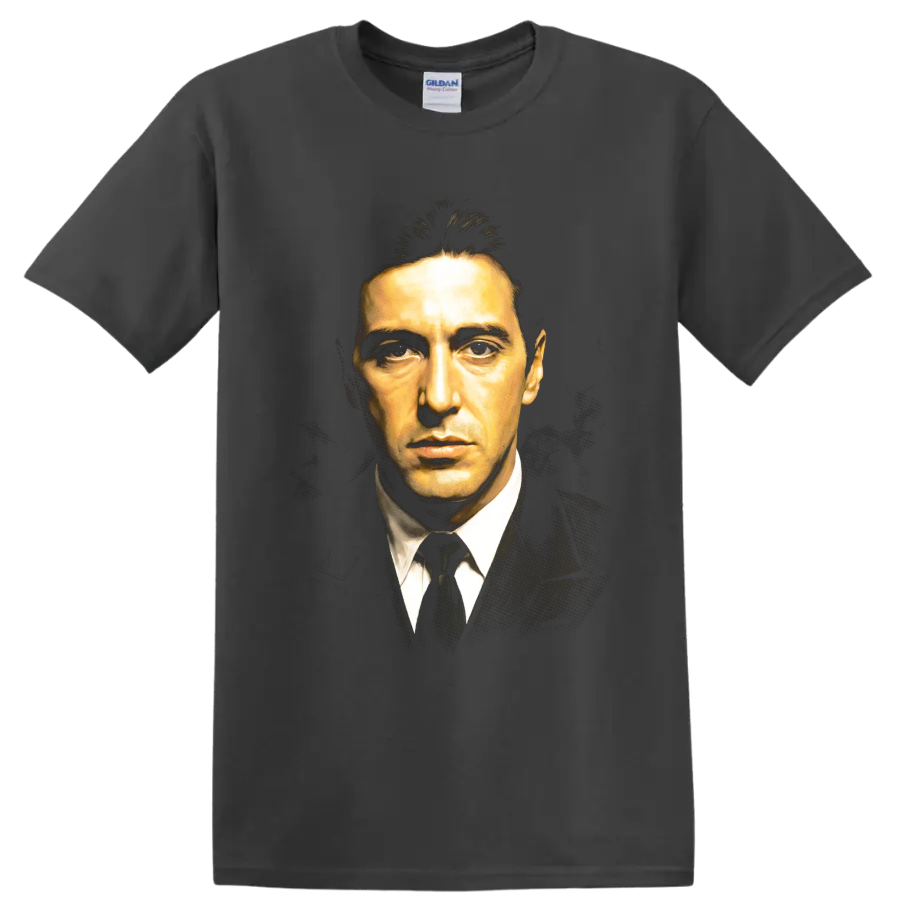 Michael Corleone portrait in dark suit, painterly cinematic graphic print on a Charcoal T Shirt